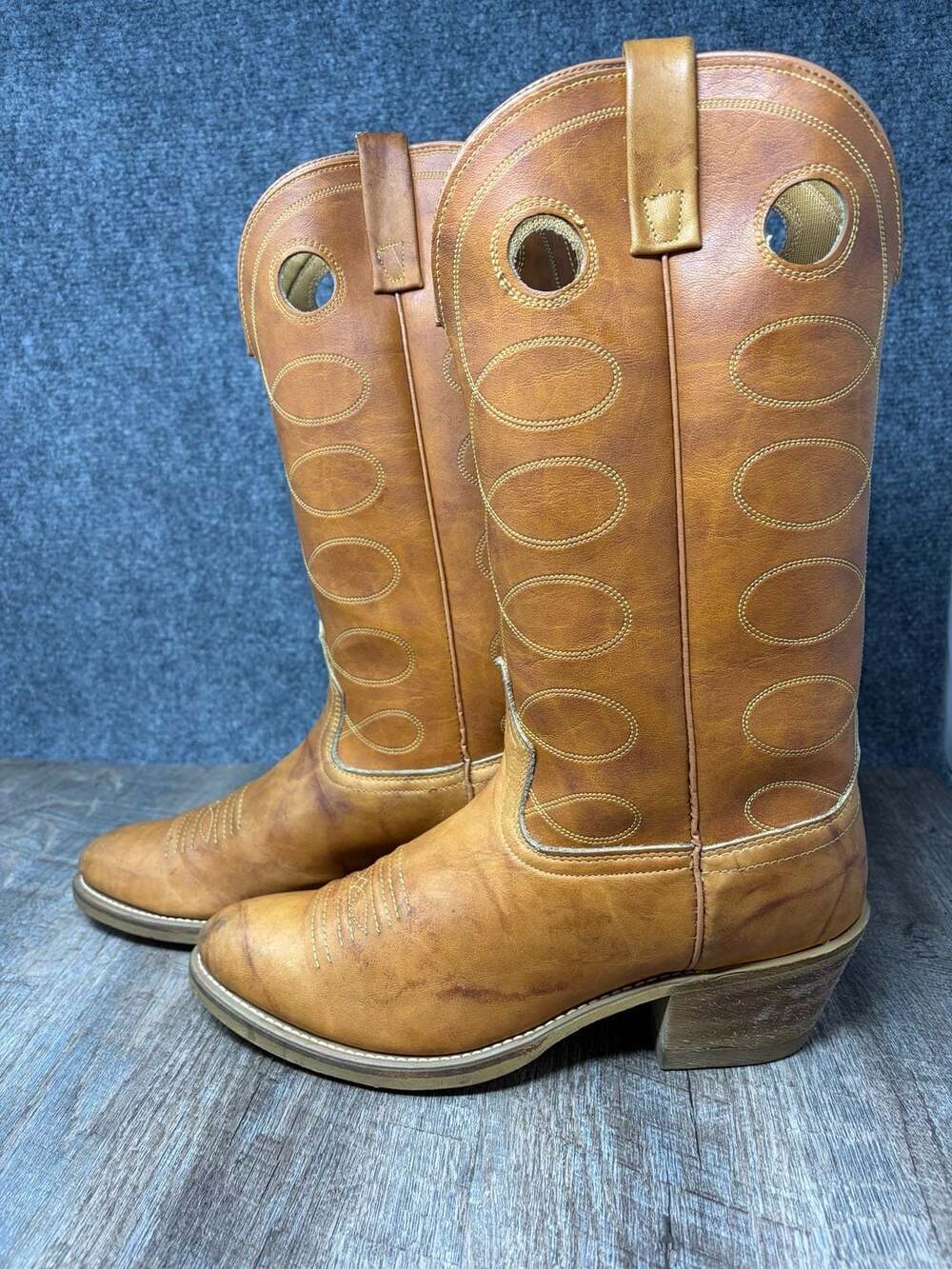 Vintage Acme Cowboy Western Mens 10 D Boots Tan Brown marbled leather USA MADE - Picture 6 of 16